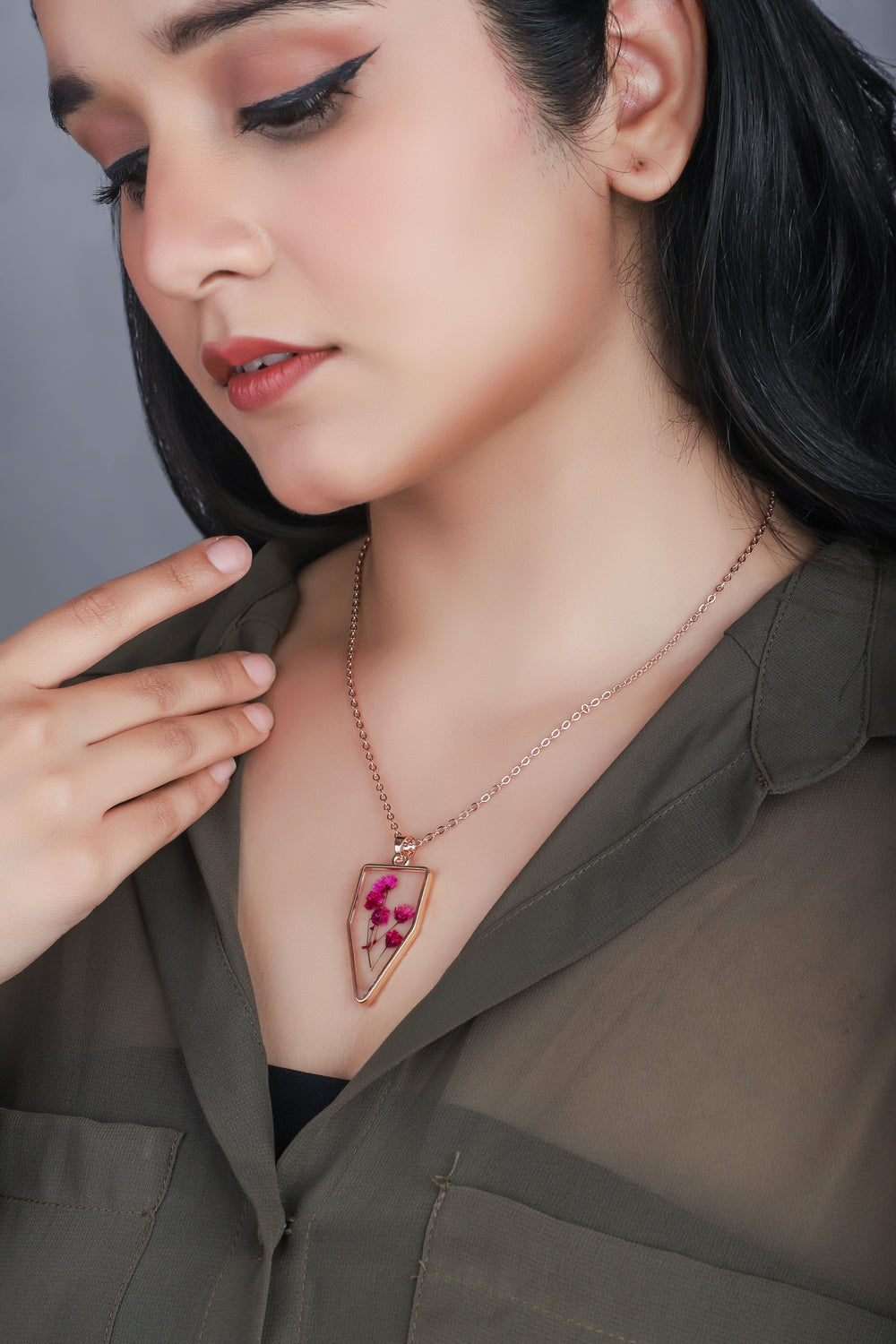 Dried Red Cardinal Real Flower Resin Pendant chain for girls
