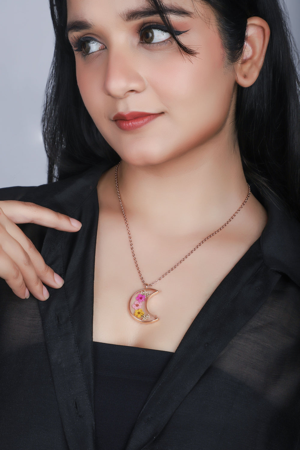 Dried Cherry Blossom Moon Real Flower Resin Pendant chain for girls