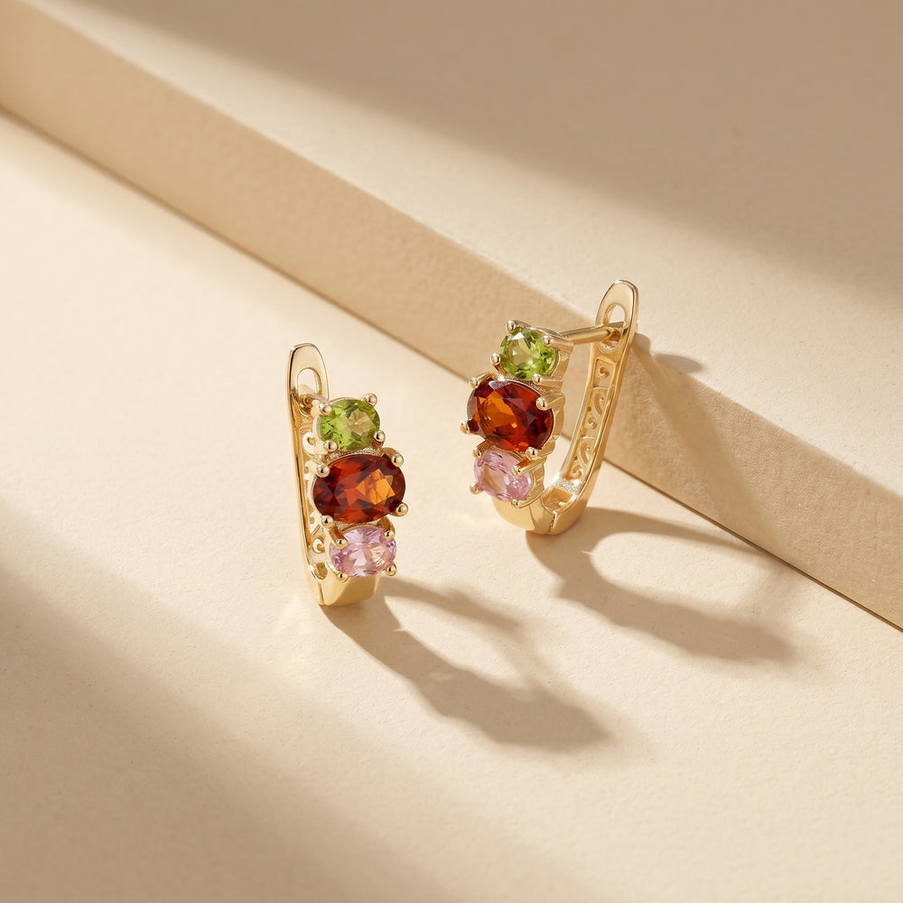 Gold Plated Hoop Earrings with Peridot, Garnet, and Pink Tourmaline Crystals