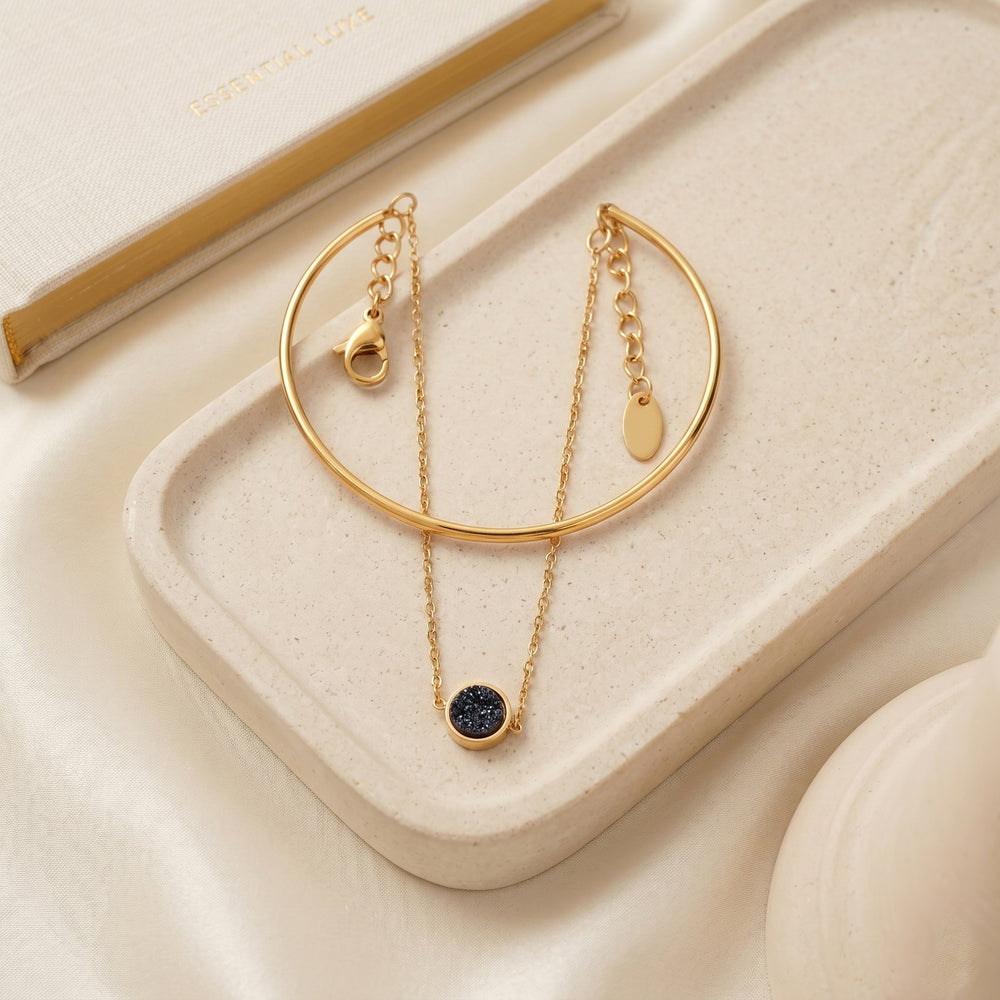 Gold Plated Black Druzy Hand Harness, Circular Stone Bracelet with Finger Chain