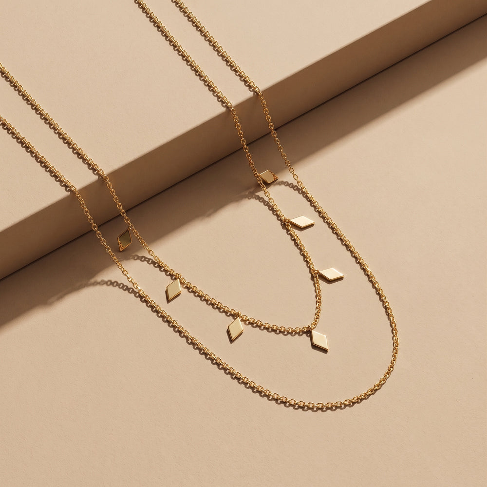 Trendy Double Layered Gold Chain with Geometric Diamond Shaped Charms