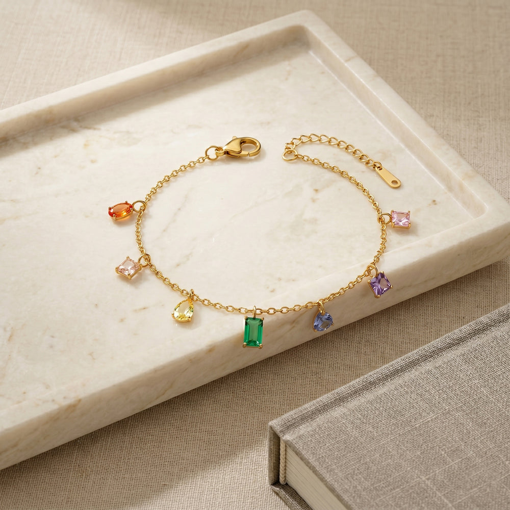 Stylish Gold Toned Adjustable Bracelet with Mixed Crystal Charms