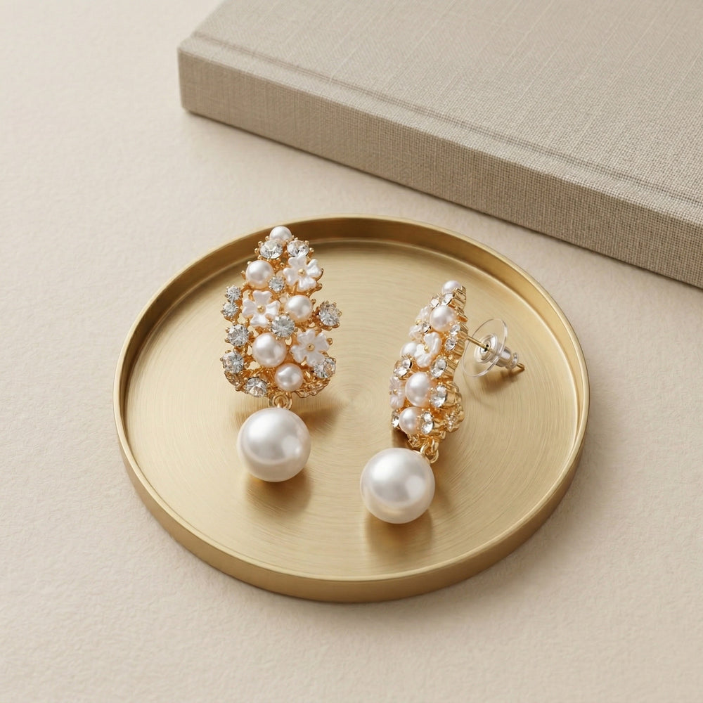 Luxury Gold Plated Floral Drop Earrings with White Pearls and Crystal Accents