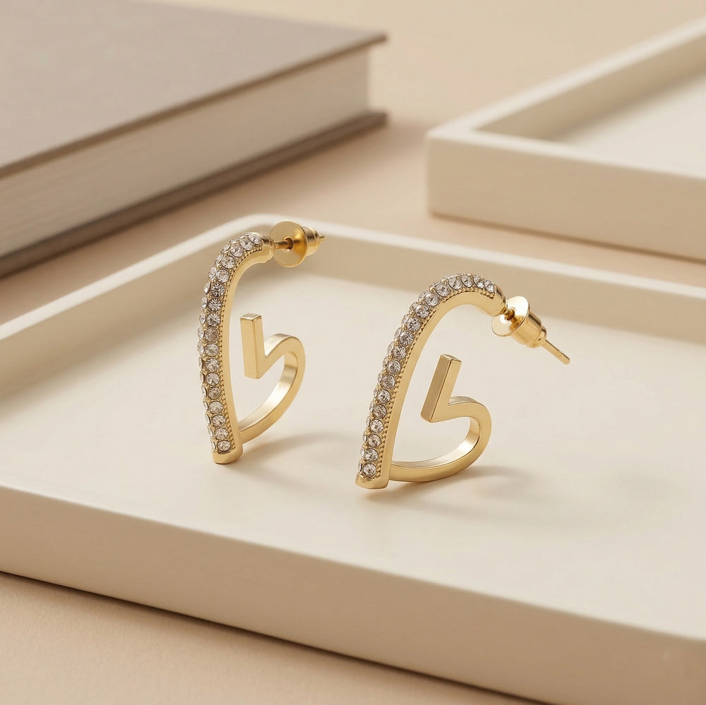 Trendy Gold Plated Crystal Encrusted Heart C-Hoop Earrings