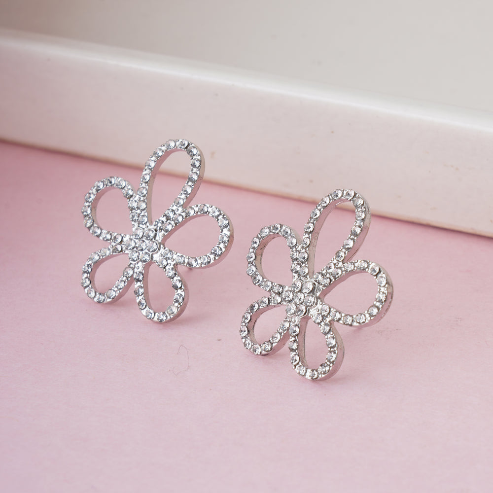 Elegant Rhodium Plated Floral Stud Earrings with White Zirconia Diamonds