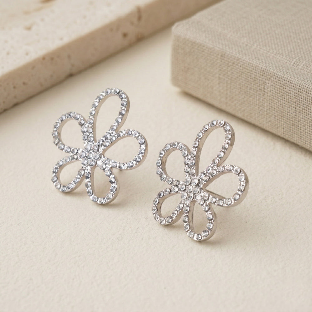 Elegant Rhodium Plated Floral Stud Earrings with White Zirconia Diamonds