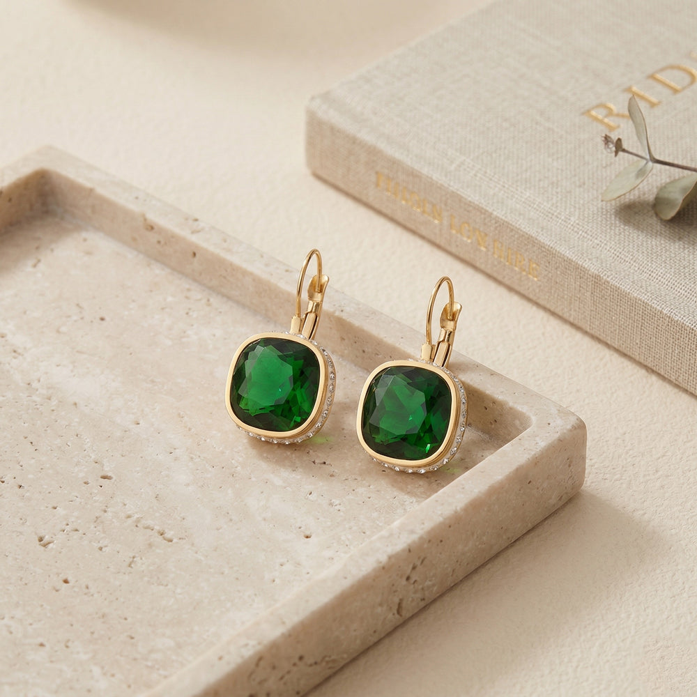 Vintage Style Gold Plated Square Cushion-Cut Emerald Green Gemstone Earrings