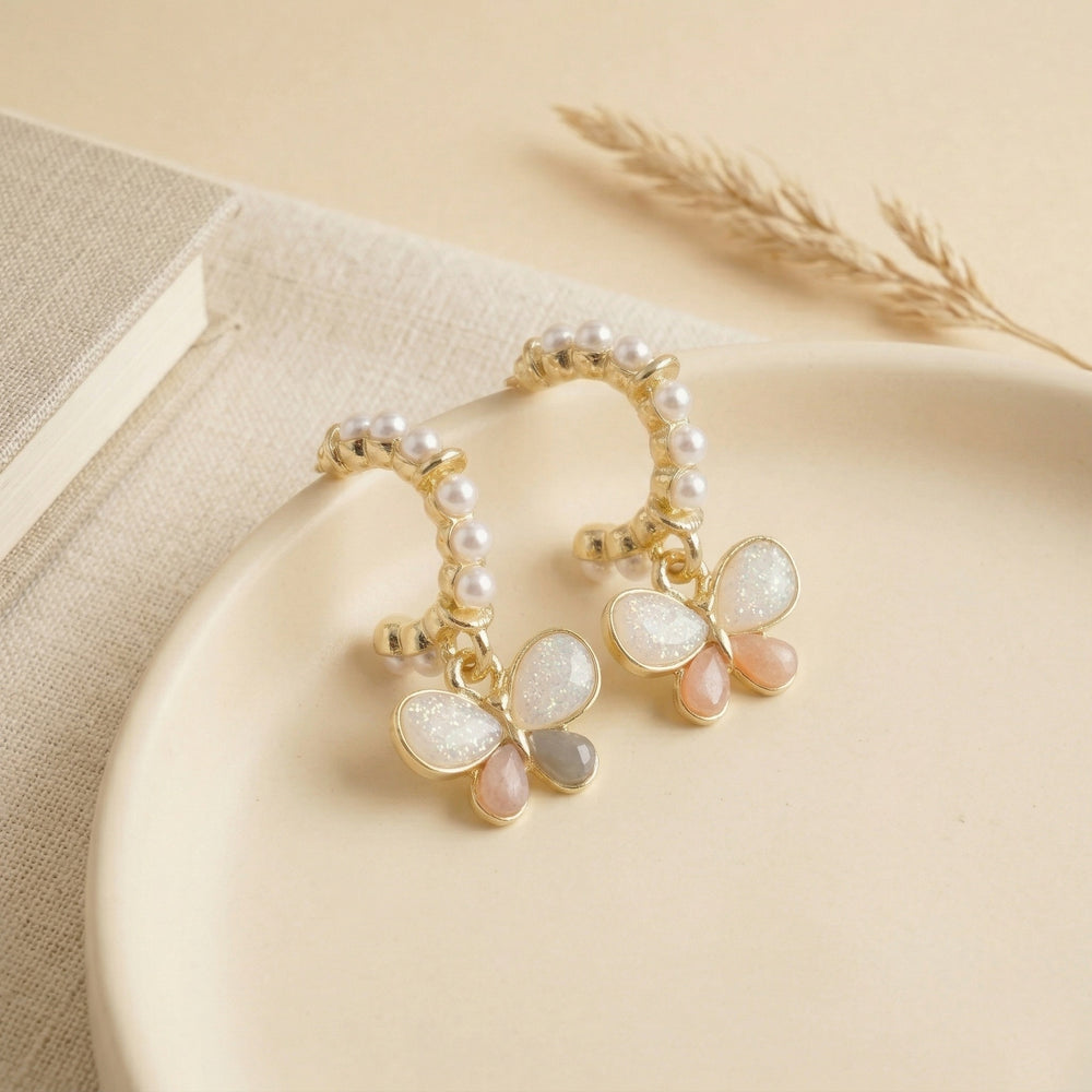 Chic Gold Plated Butterfly Dangle Hoop Earrings with Resin Wings and White Pearls