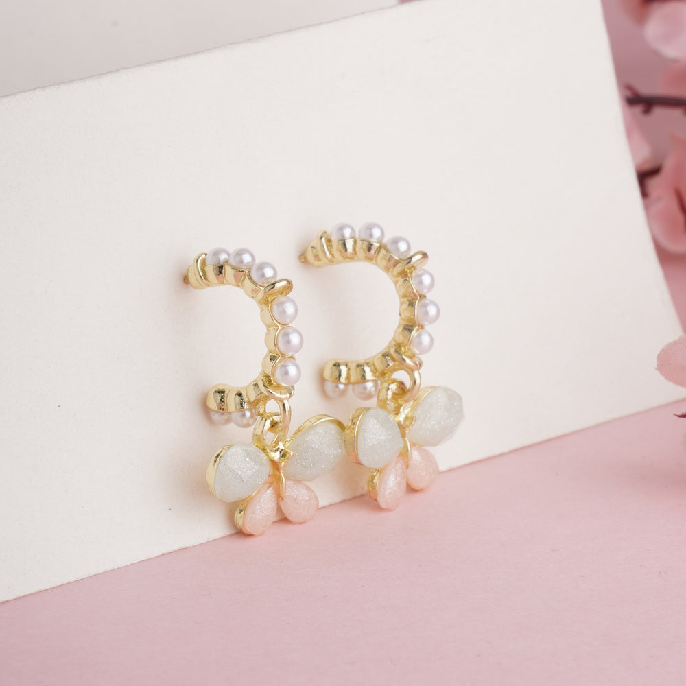 Chic Gold Plated Butterfly Dangle Hoop Earrings with Resin Wings and White Pearls