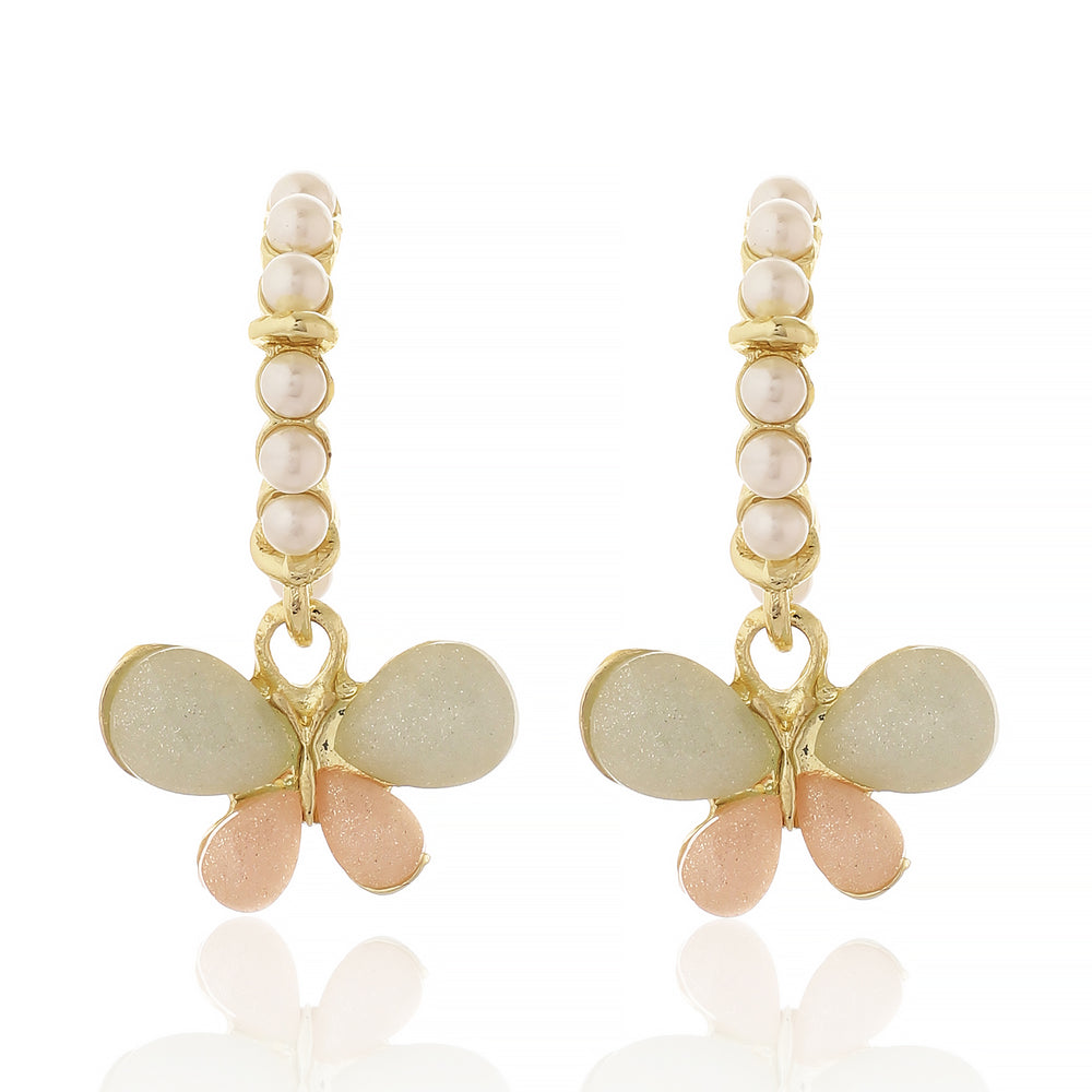 Chic Gold Plated Butterfly Dangle Hoop Earrings with Resin Wings and White Pearls