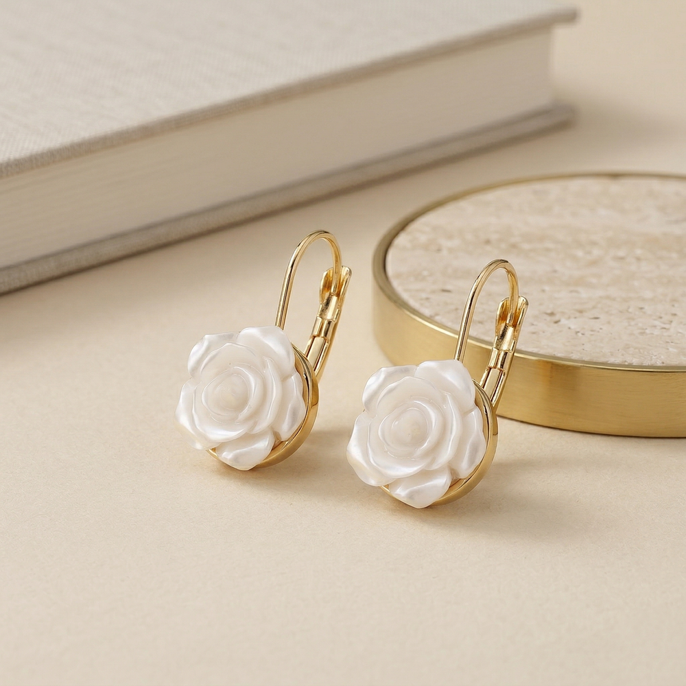Romantic Gold Plated White Resin Rose Flower Earrings for Brides and Weddings