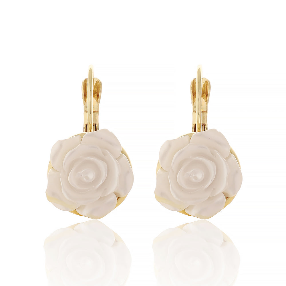 Romantic Gold Plated White Resin Rose Flower Earrings for Brides and Weddings