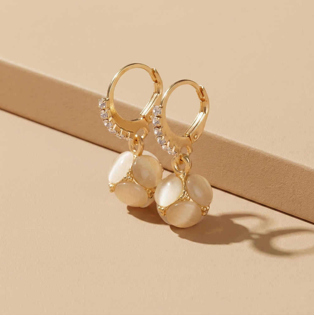 Modern Gold Plated Earrings with Round Peach Cat Eye Gemstone