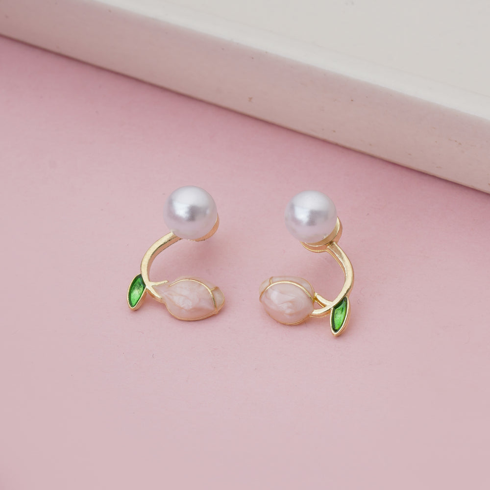 Artistic Gold Plated Floral Bud Earrings with White Pearl and Enamel Petals