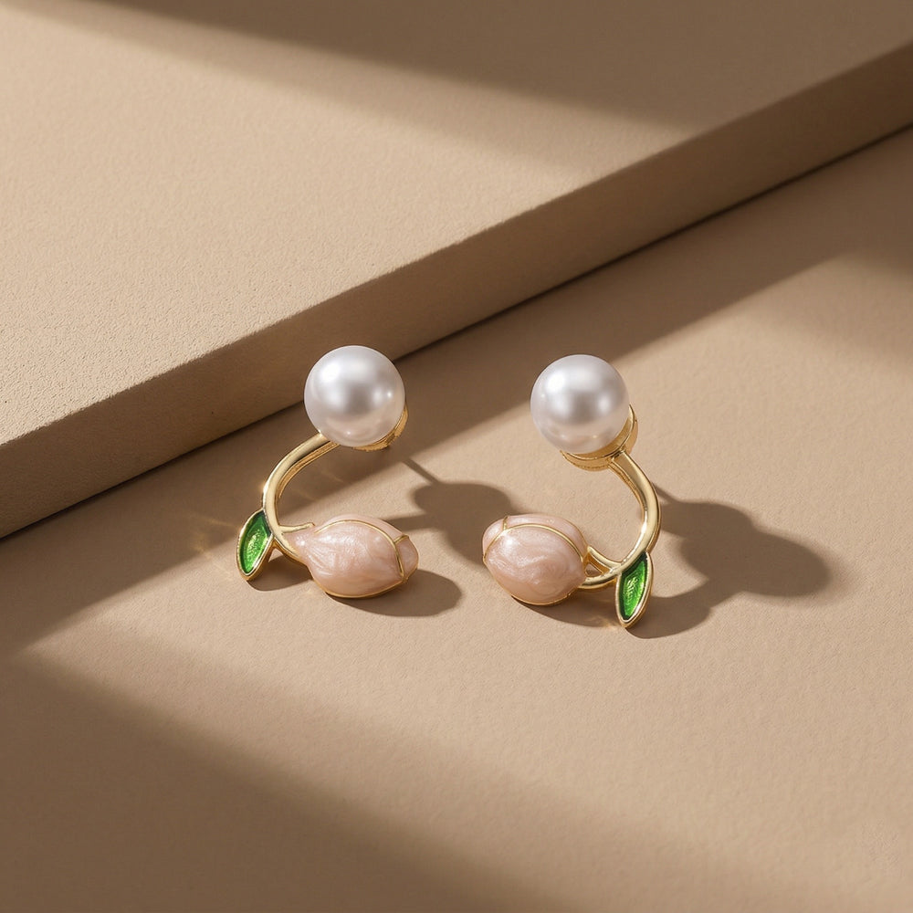 Artistic Gold Plated Floral Bud Earrings with White Pearl and Enamel Petals