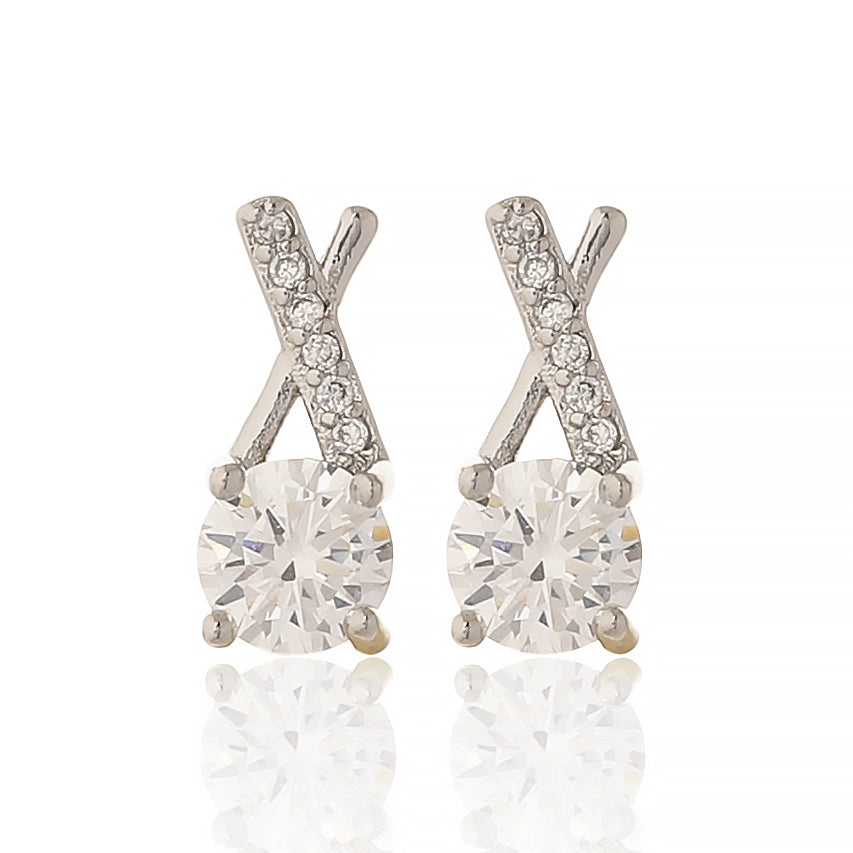 Elegant Silver Plated Criss-Cross Stud Earrings with Round Cut Cubic Zirconia