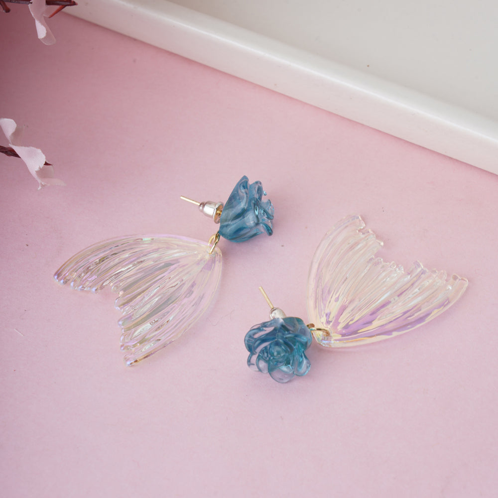 Whimsical Gold Plated Mermaid Tail Dangle Earrings with Teal Resin Rose