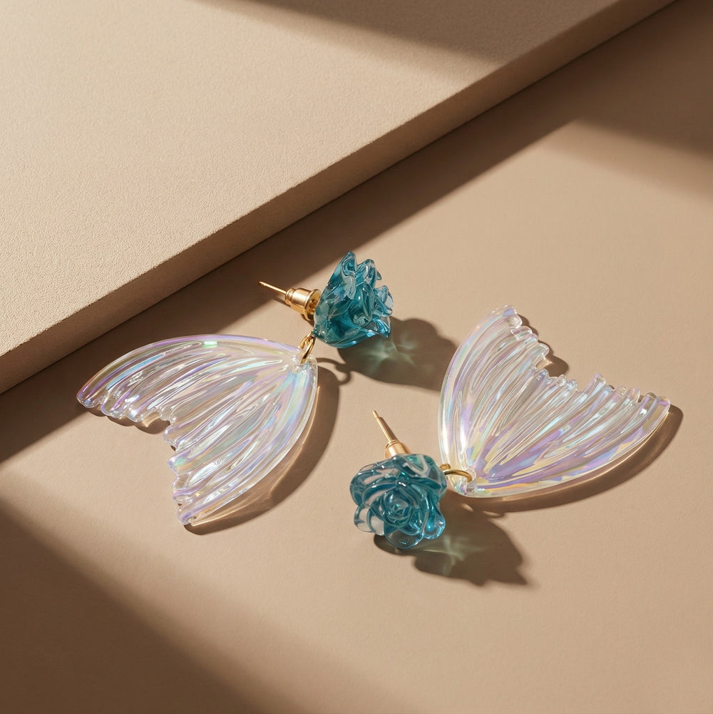 Whimsical Gold Plated Mermaid Tail Dangle Earrings with Teal Resin Rose