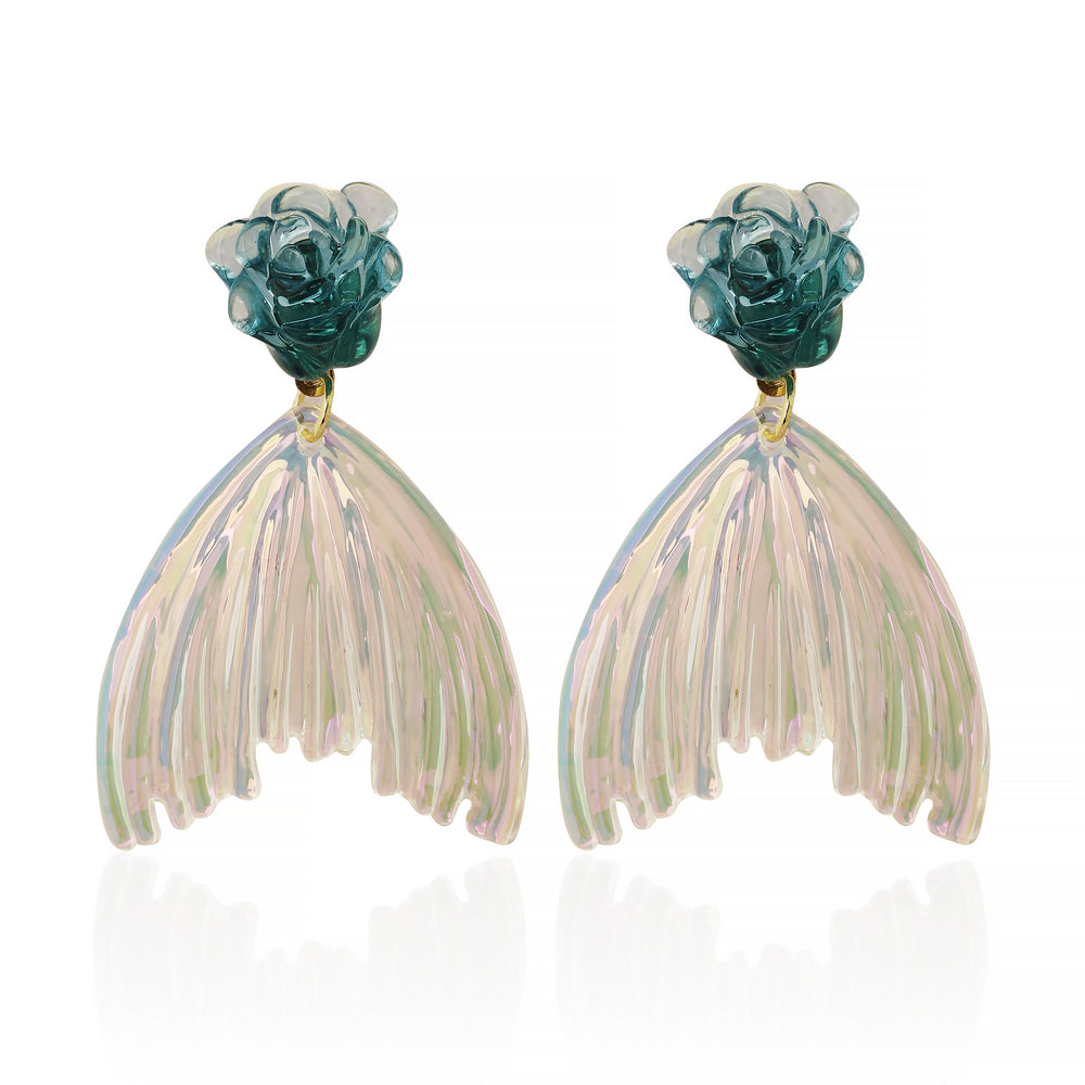 Whimsical Gold Plated Mermaid Tail Dangle Earrings with Teal Resin Rose