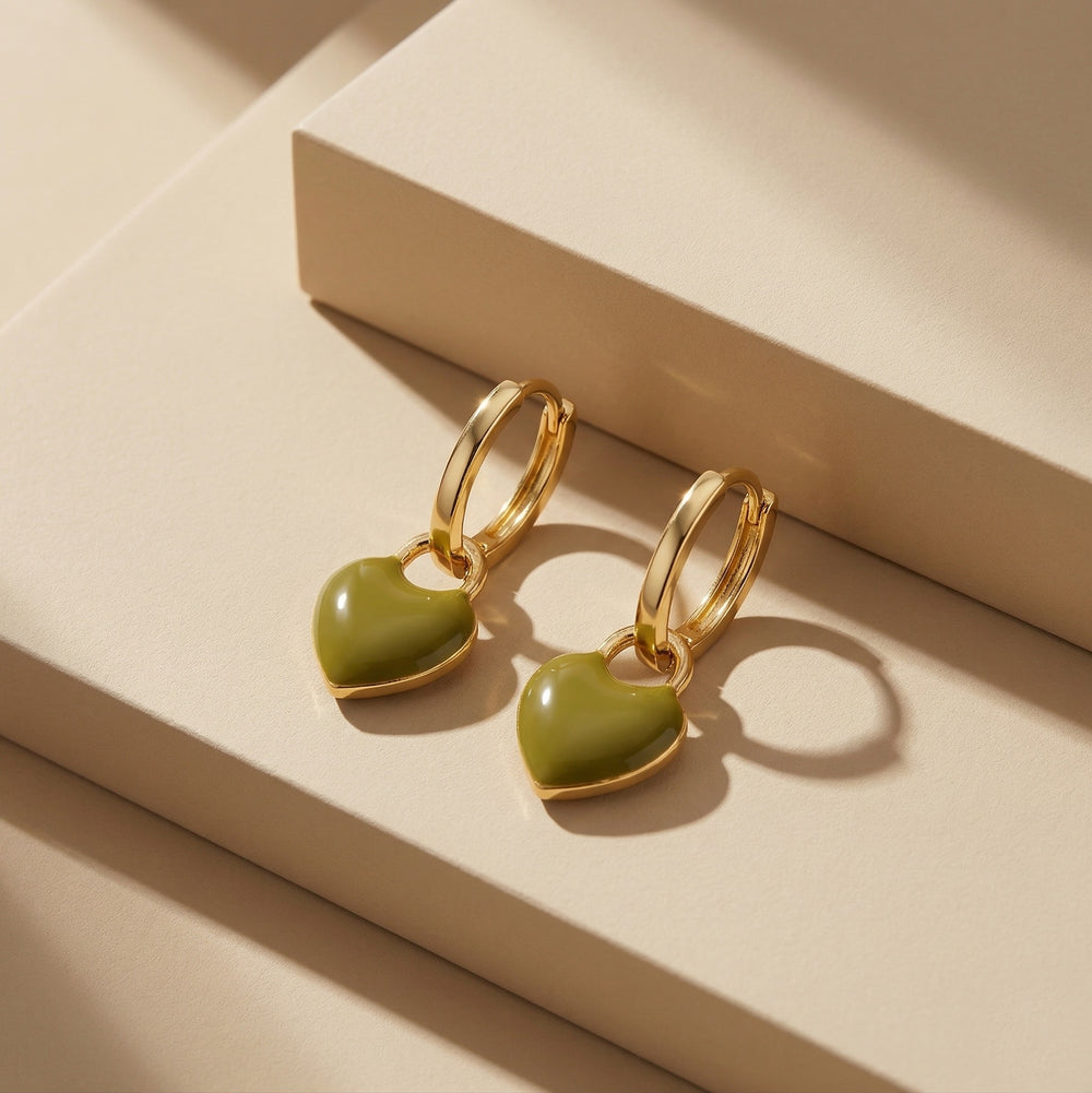 Minimalist Gold Plated Olive Green Enamel Heart Dangle Hoop Earrings