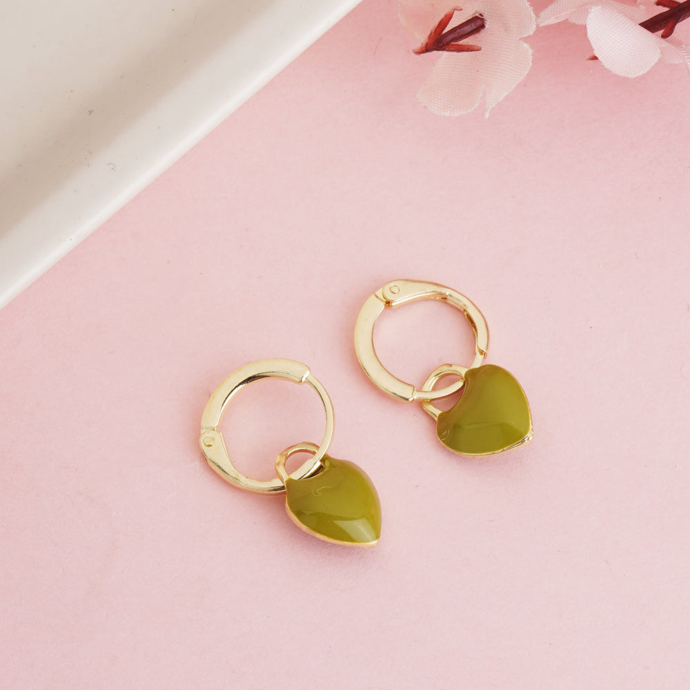 Minimalist Gold Plated Olive Green Enamel Heart Dangle Hoop Earrings