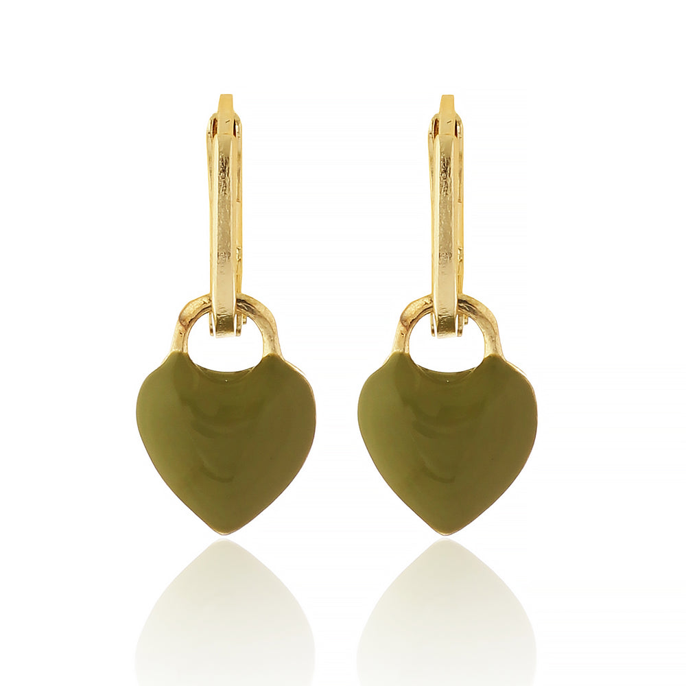Minimalist Gold Plated Olive Green Enamel Heart Dangle Hoop Earrings