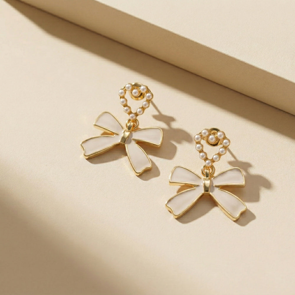 Dainty Gold Plated Pearl-Encrusted Heart and Beige Bow Drop Earrings