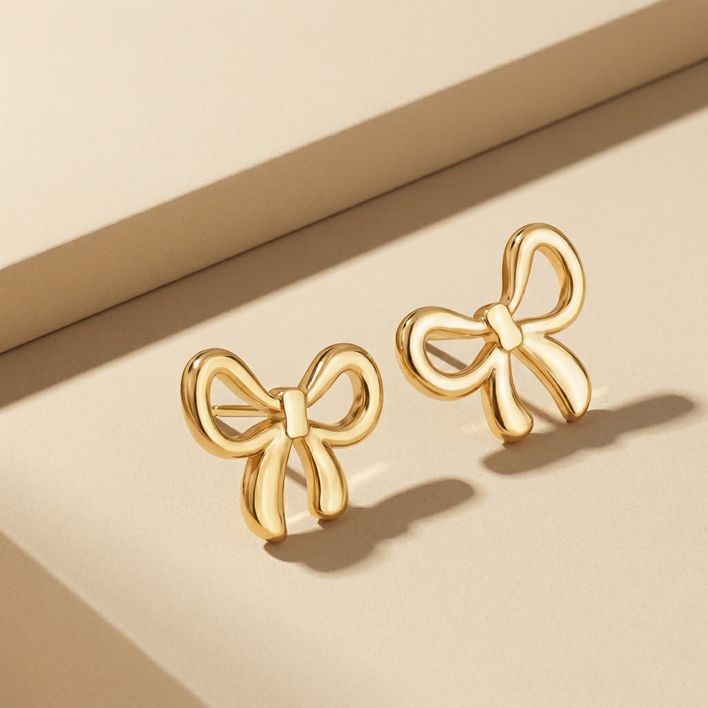 Sweet Gold Plated High-Polished Ribbon Bow Stud Earrings for Daily wear