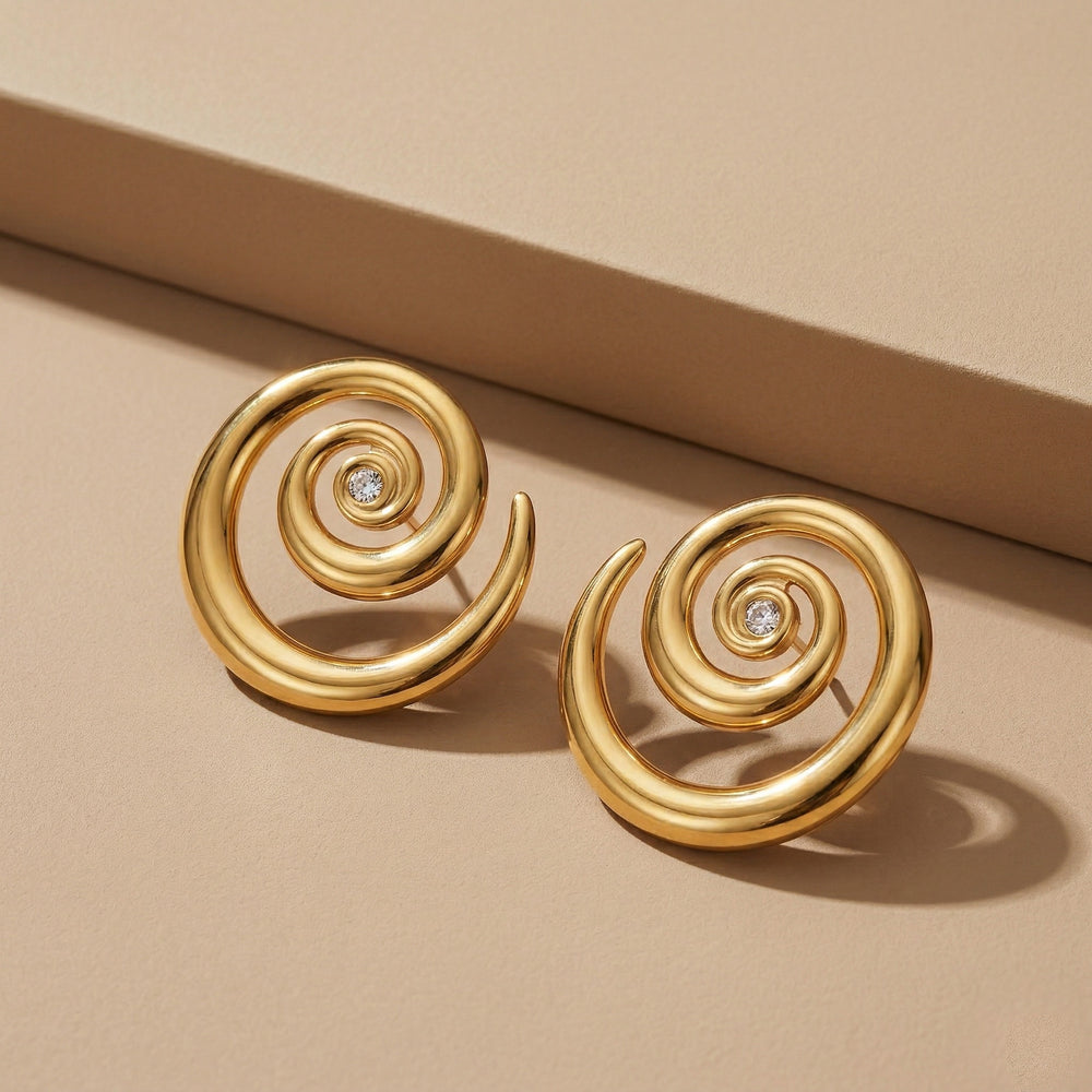 Bold Gold Plated Spiral Vortex Stud Earrings with Centered Sparkle Clear Crystal Accent
