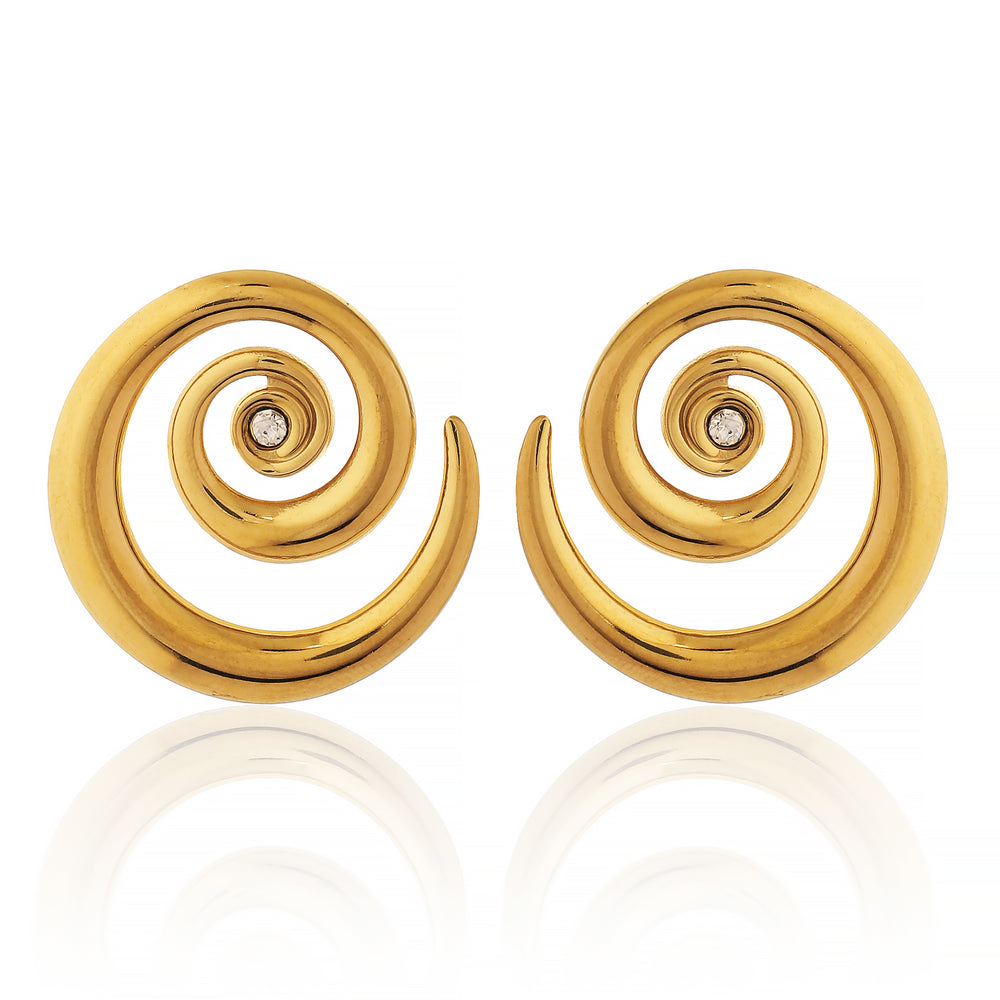 Bold Gold Plated Spiral Vortex Stud Earrings with Centered Sparkle Clear Crystal Accent
