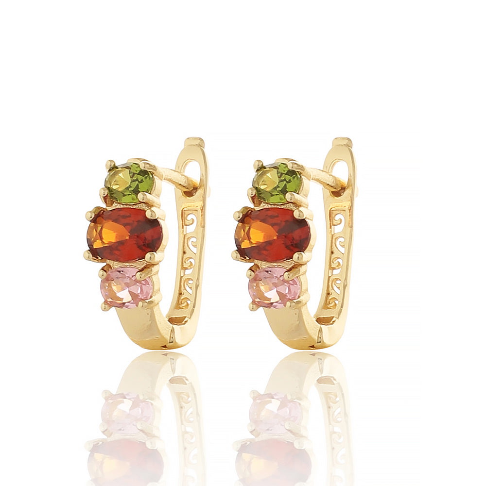 Gold Plated Hoop Earrings with Peridot, Garnet, and Pink Tourmaline Crystals