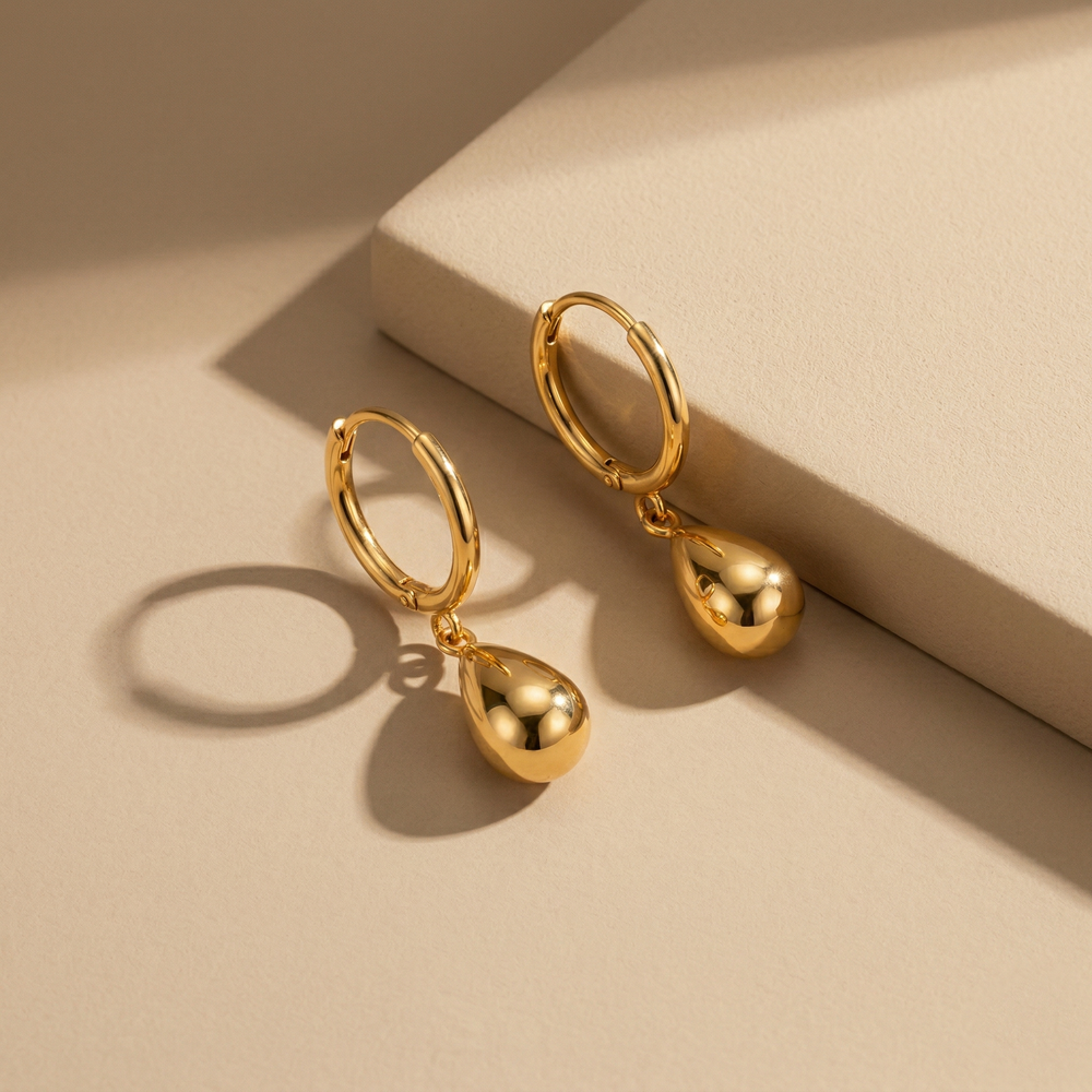 Minimalist Gold Plated High-Shine Teardrop Dangle Hoop Earrings for Women