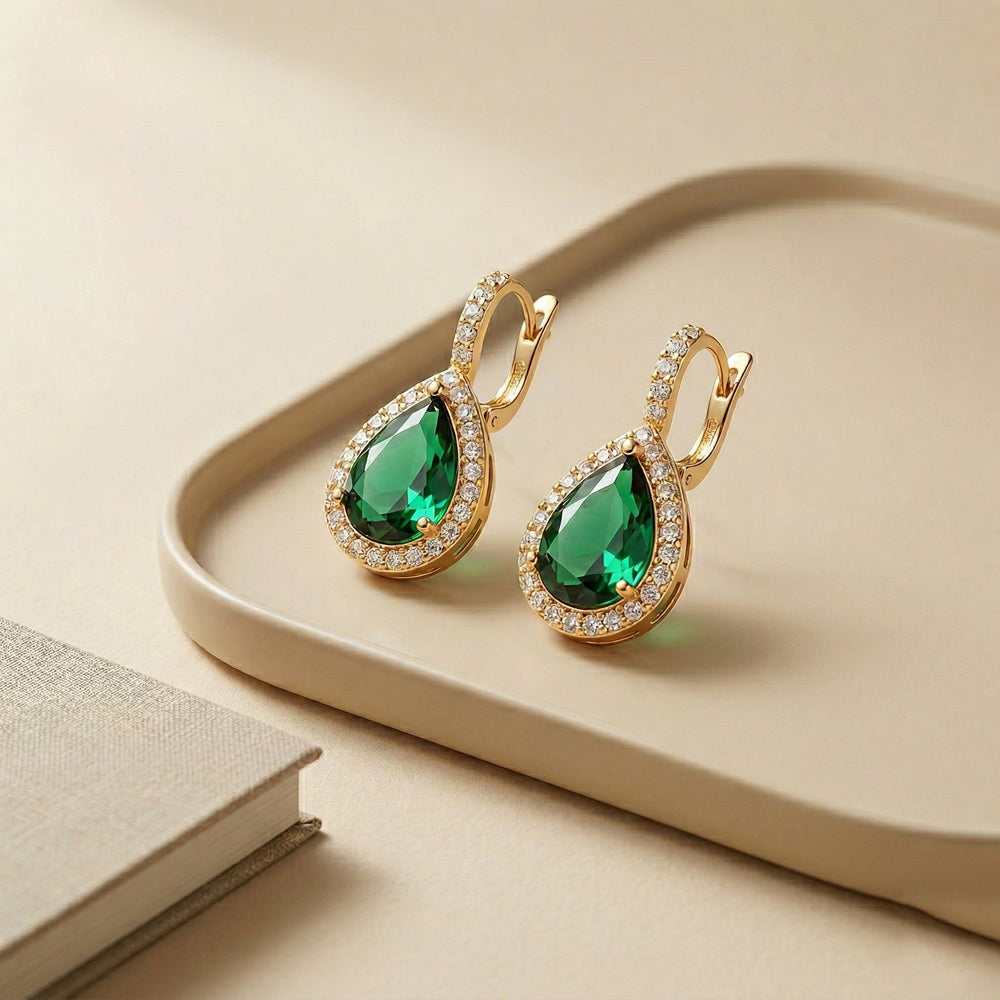Luxury Gold Plated Pear-Cut Emerald Green Gemstone Drop Earrings with Halo Crystal Border