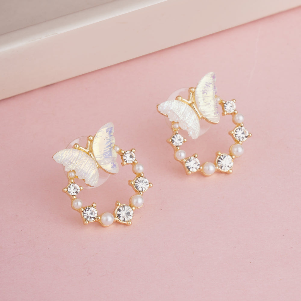 Whimsical Gold Plated Iridescent Butterfly Wreath Earrings with Sparkling Crystals and Pearls