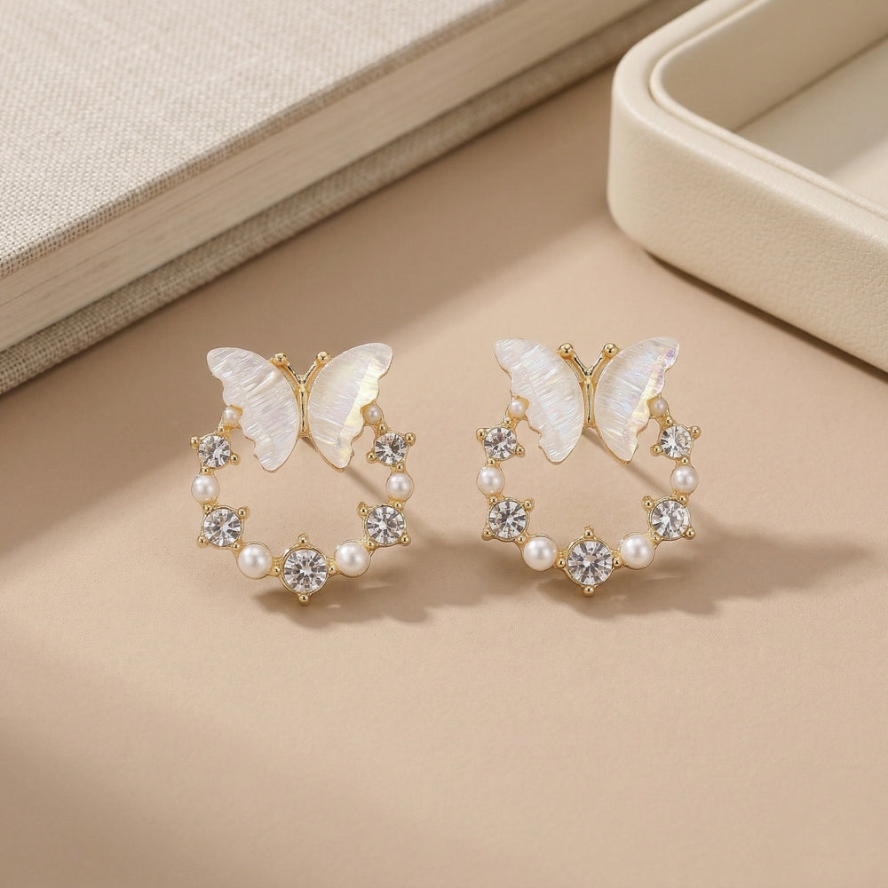 Whimsical Gold Plated Iridescent Butterfly Wreath Earrings with Sparkling Crystals and Pearls