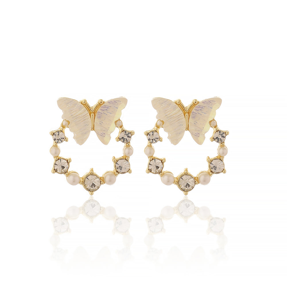 Whimsical Gold Plated Iridescent Butterfly Wreath Earrings with Sparkling Crystals and Pearls