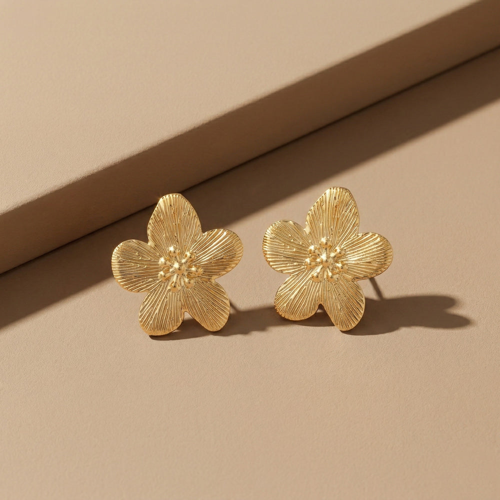 Classic Gold Plated Textured 5-Petal Flower Stud Earrings for Casual & Ethnic Wear
