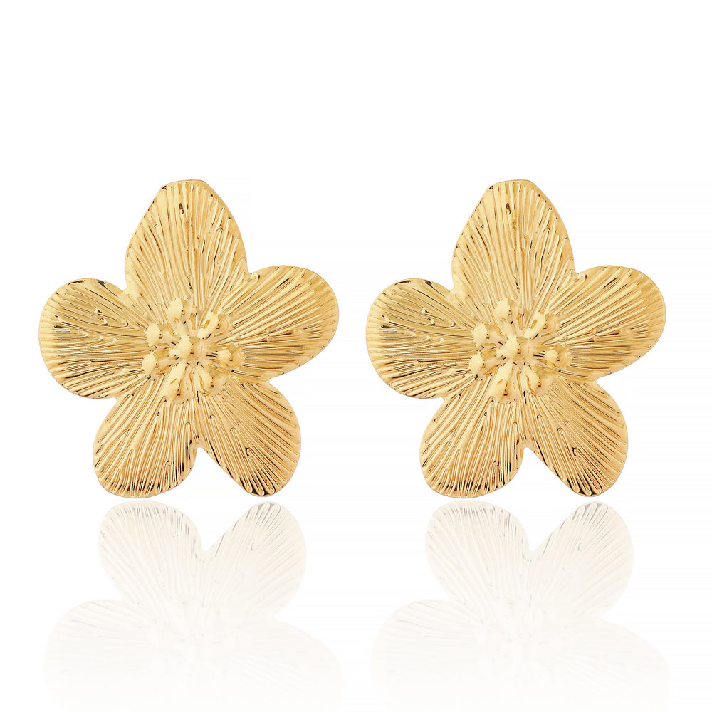 Classic Gold Plated Textured 5-Petal Flower Stud Earrings for Casual & Ethnic Wear