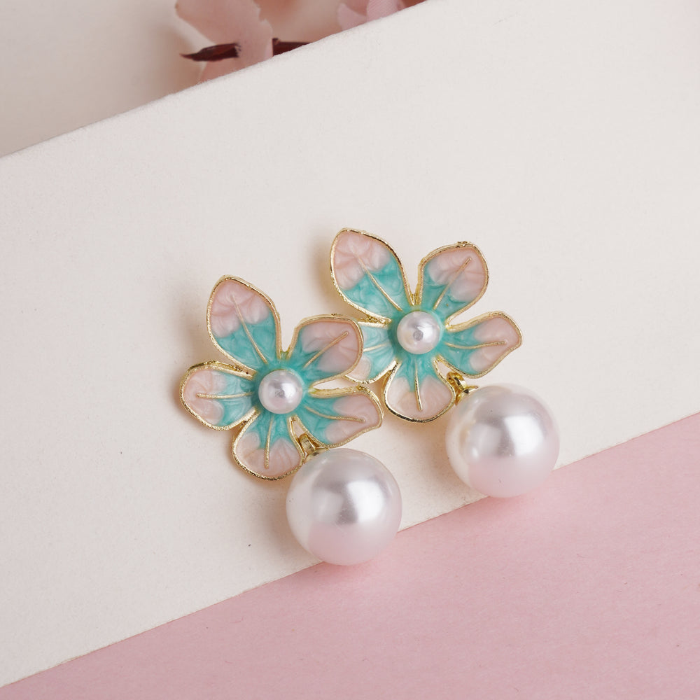 Artistic Gold Plated Teal and Peach Enamel Flower Earrings with White Pearl Accents