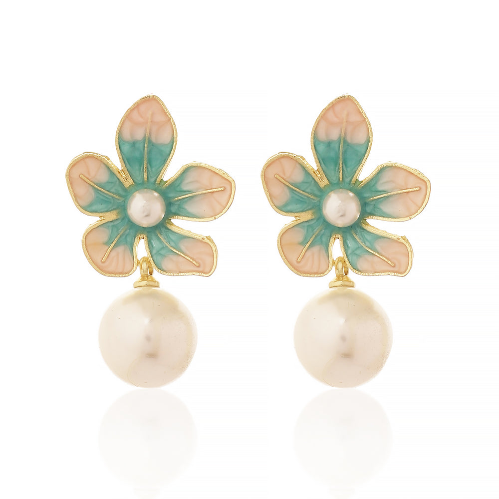 Artistic Gold Plated Teal and Peach Enamel Flower Earrings with White Pearl Accents