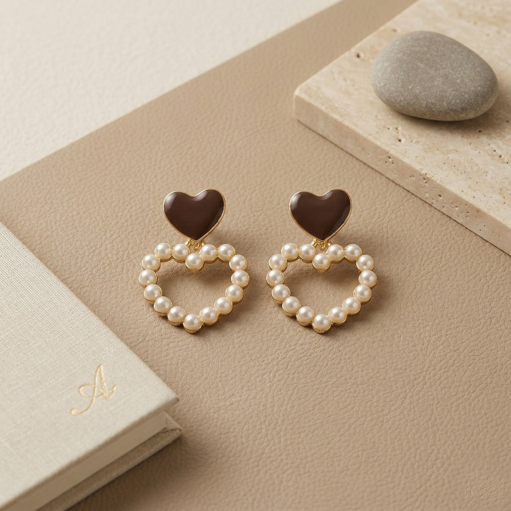 Chic Gold Plated Brown Enamel Heart Stud Earrings with Pearl-Encrusted Heart Dangle