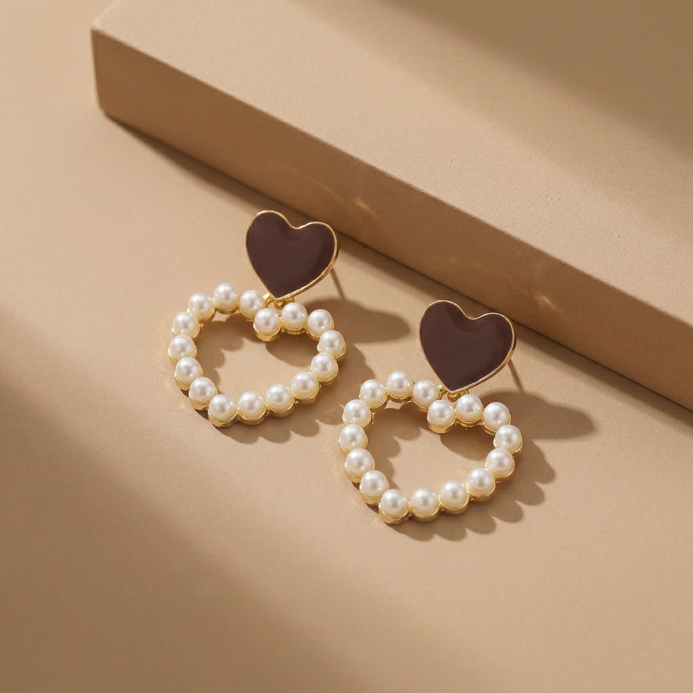Chic Gold Plated Brown Enamel Heart Stud Earrings with Pearl-Encrusted Heart Dangle
