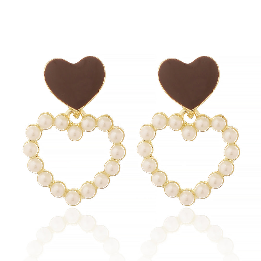 Chic Gold Plated Brown Enamel Heart Stud Earrings with Pearl-Encrusted Heart Dangle