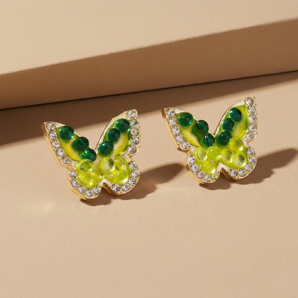 Vibrant Gold Plated Green Gradient Butterfly Stud Earrings with Crystal Border