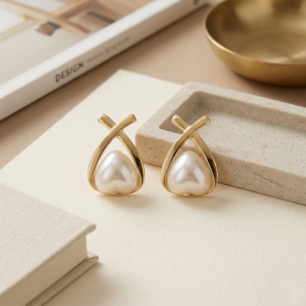 Minimalist Gold Plated Criss-Cross "X" Design Stud Earrings with Teardrop Shell Pearl