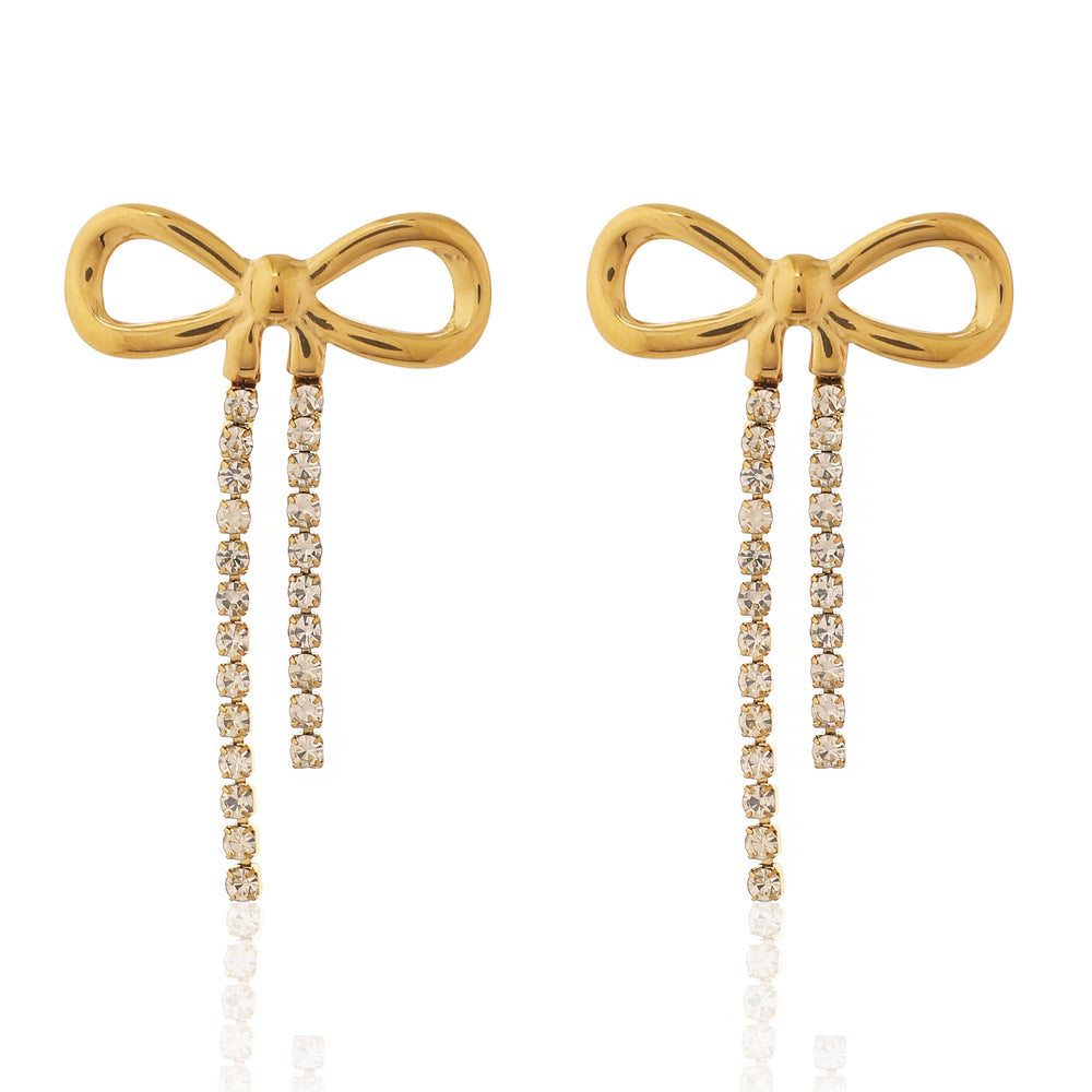 Trendy Gold Plated Ribbon Bow Earrings with Long Crystal Dangles for Party Wear