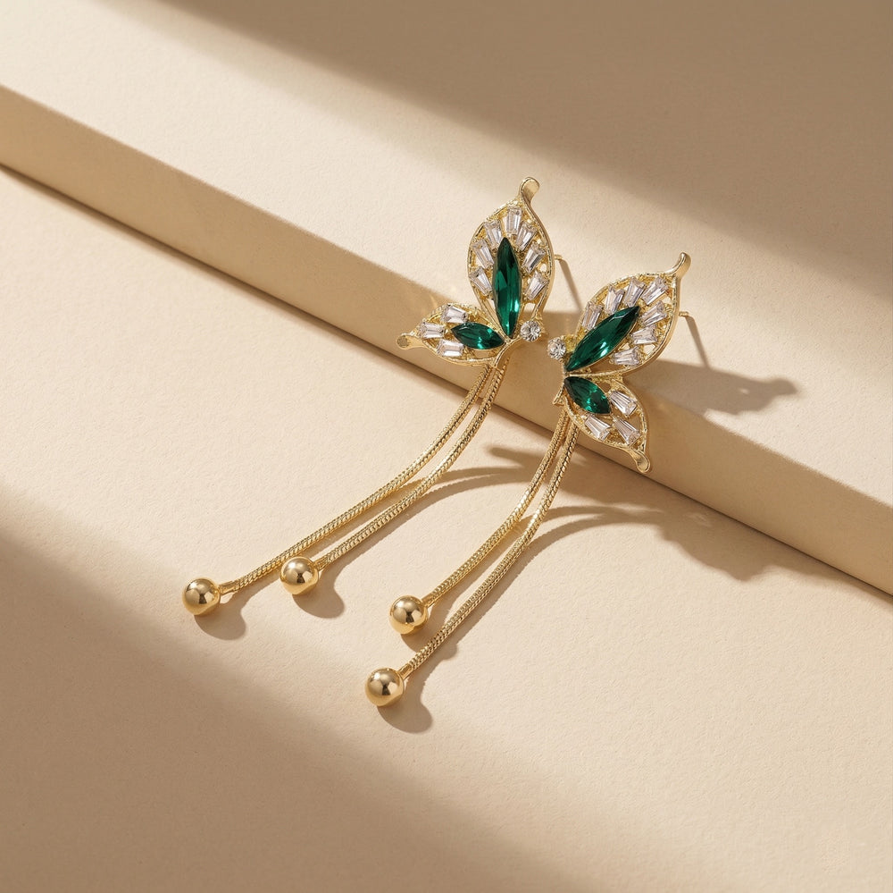 Luxury Gold Plated Butterfly Wing Chain Earrings with Emerald Green Marquise Crystals