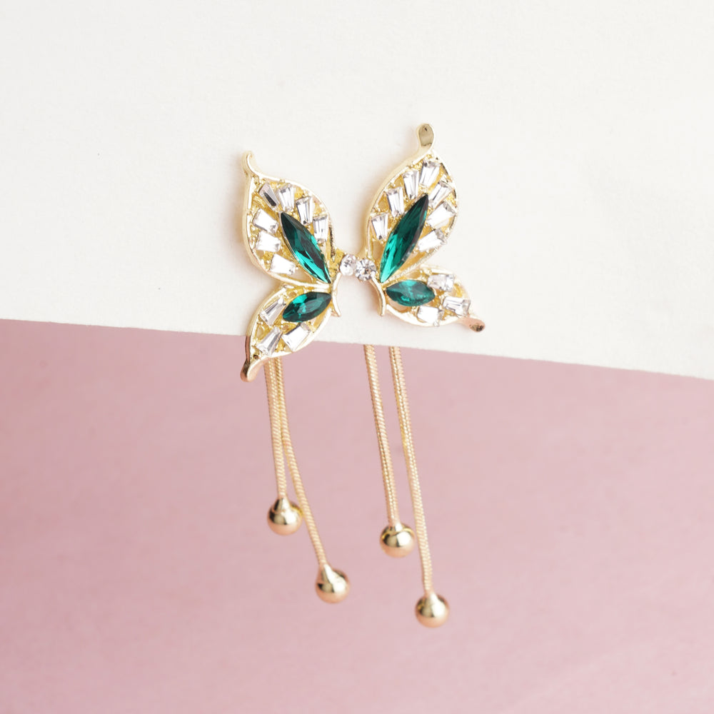 Luxury Gold Plated Butterfly Wing Chain Earrings with Emerald Green Marquise Crystals