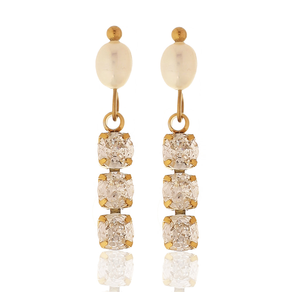 Vintage Style Gold Plated Round-Cut Crystal Drop Earrings with White Oval Pearl Top