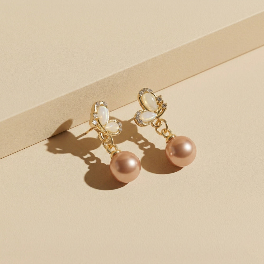Artistic Gold Plated Cat's Eye Butterfly Dangle Earrings with Peach Round Pearl Drops